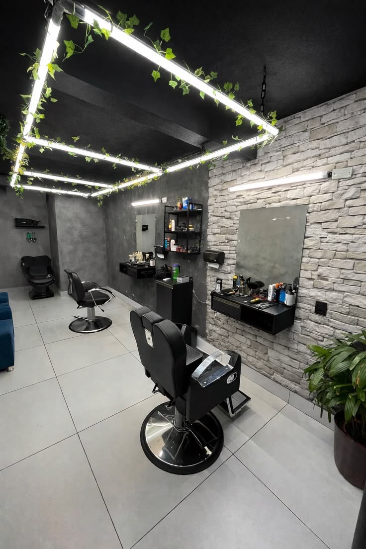 Ambiente conceito de barbearia com parede de pedra